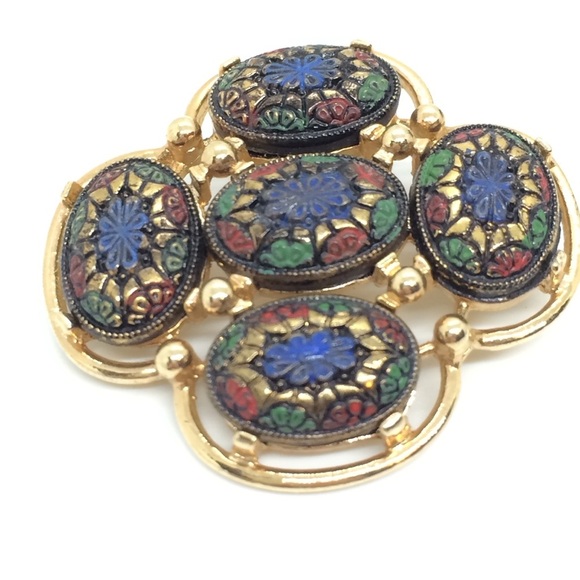 VINTAGE SARAH COVENTRY LIGHT OF THE EAST MOSAIC BROOCH GOLD TONE CROSS SIGNED - Picture 3 of 9